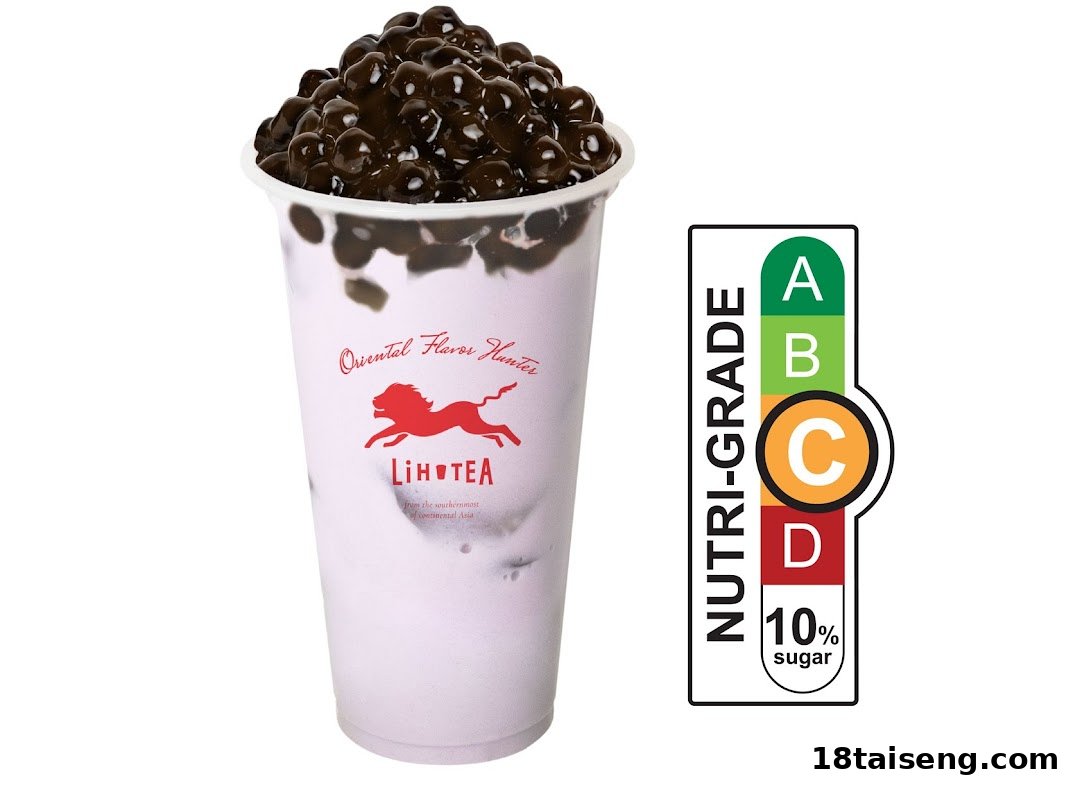 A LiHO TEA bubble tea drink with pearls and a Nutri-Grade C label indicating 10% sugar.