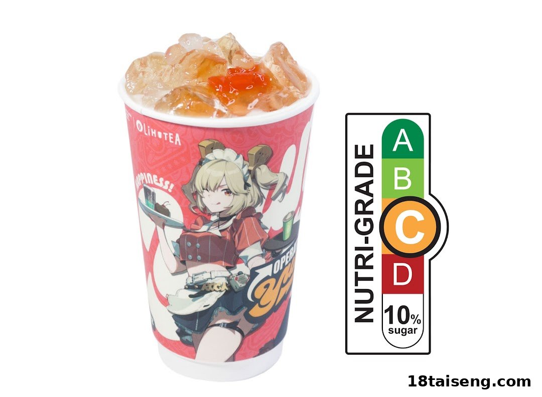 A vibrant LiHO TEA beverage cup filled with ice and toppings, featuring a character design and Nutri-Grade C label.