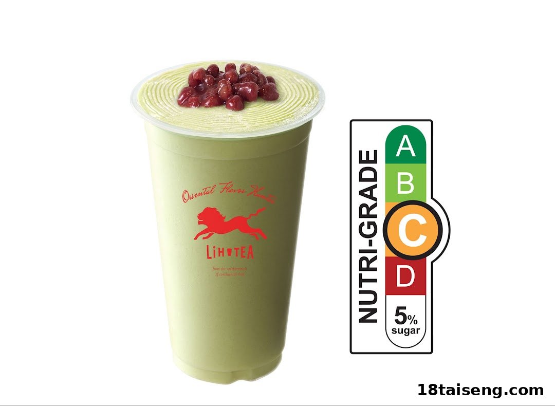A LiHO TEA matcha drink topped with red beans, displayed alongside a Nutri-Grade C label.