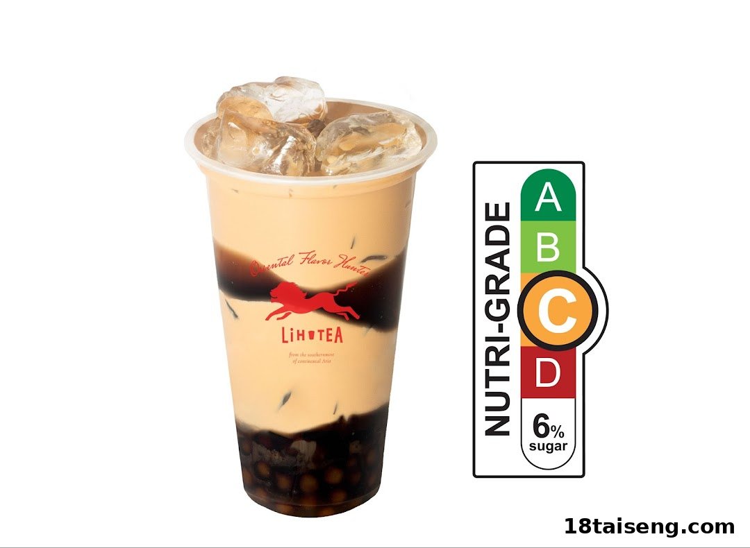 A refreshing LiHO TEA beverage with ice, pearls, and a Nutri-Grade C label indicating 6% sugar.