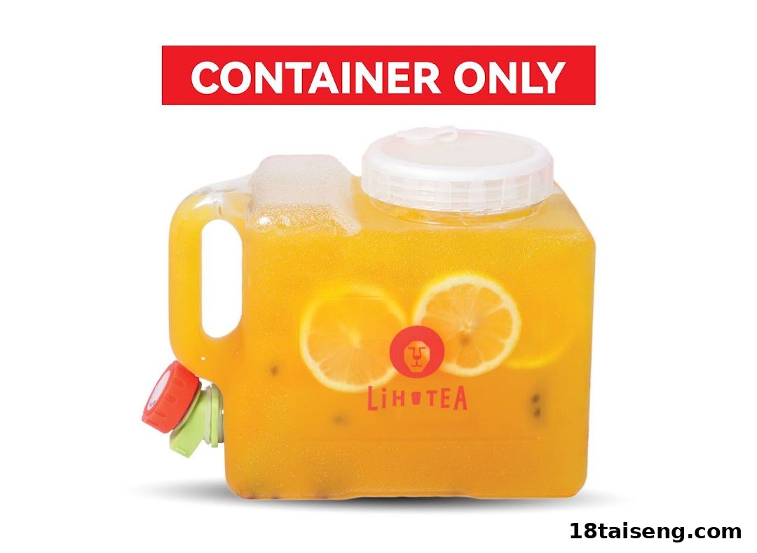 A large LiHO TEA beverage container, prominently labeled 'CONTAINER ONLY', filled with a fruity drink.