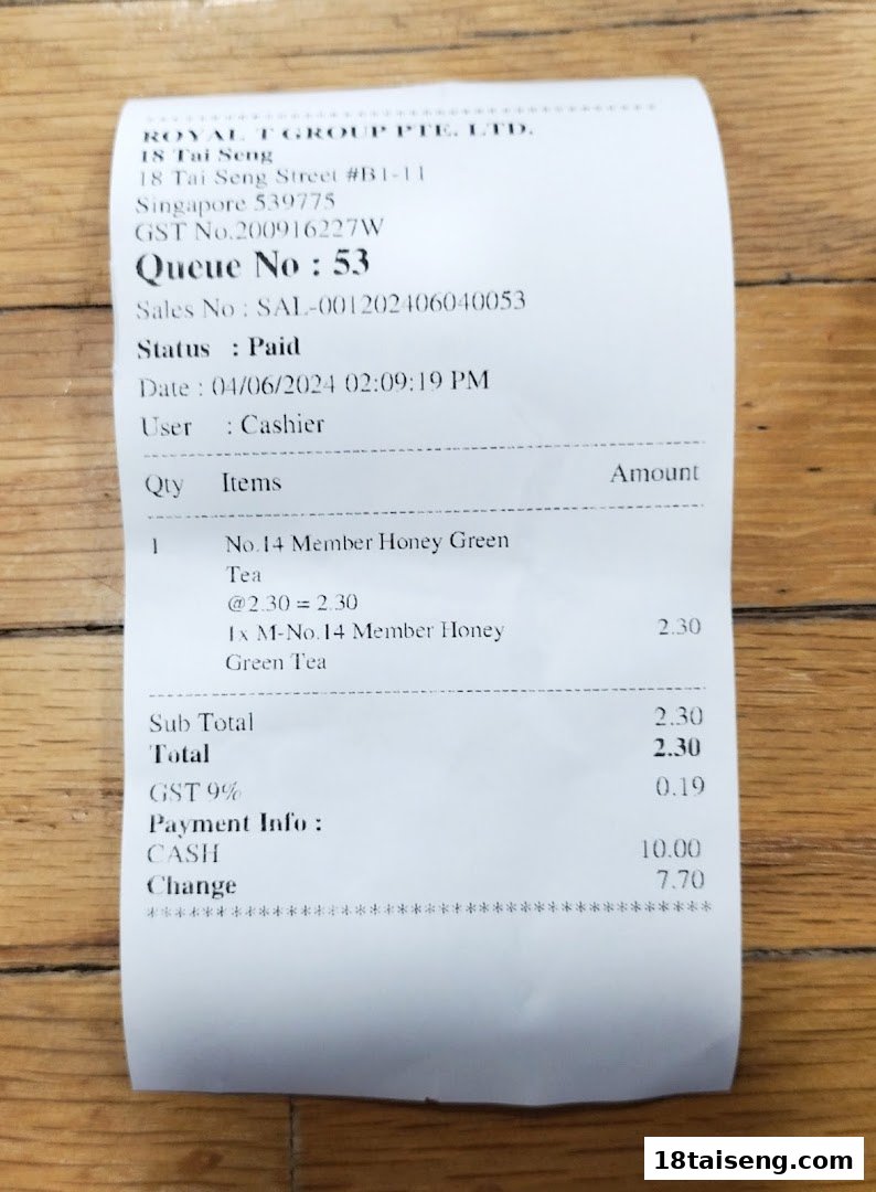 A close-up image of a receipt from LiHO TEA at 18 Tai Seng, detailing a purchase of Honey Green Tea.