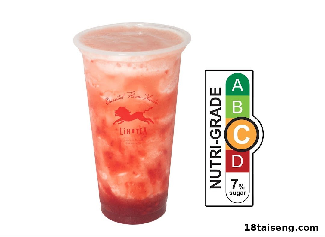 A refreshing strawberry-flavored drink from LiHO TEA, featuring its Nutri-Grade C label.