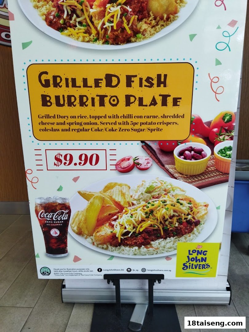 A menu board displaying Long John Silver's Grilled Fish Burrito Plate with price and description.