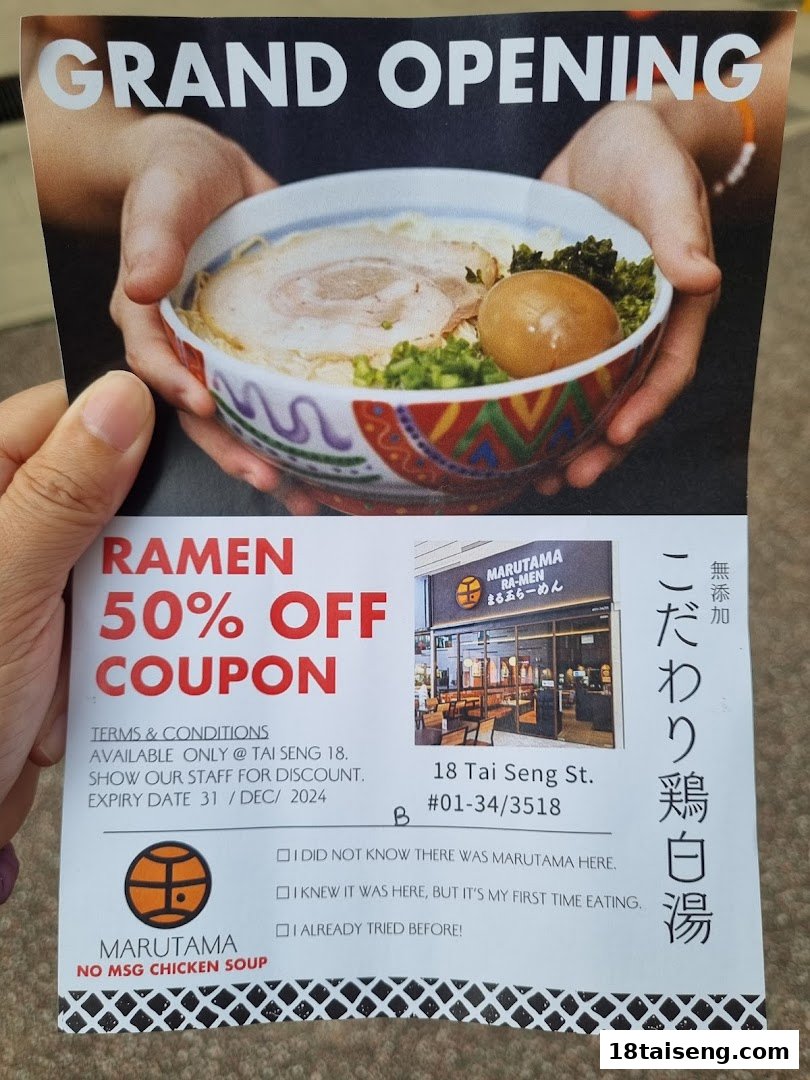 A grand opening flyer for Marutama Ramen, featuring a ramen bowl and a 50% off coupon.