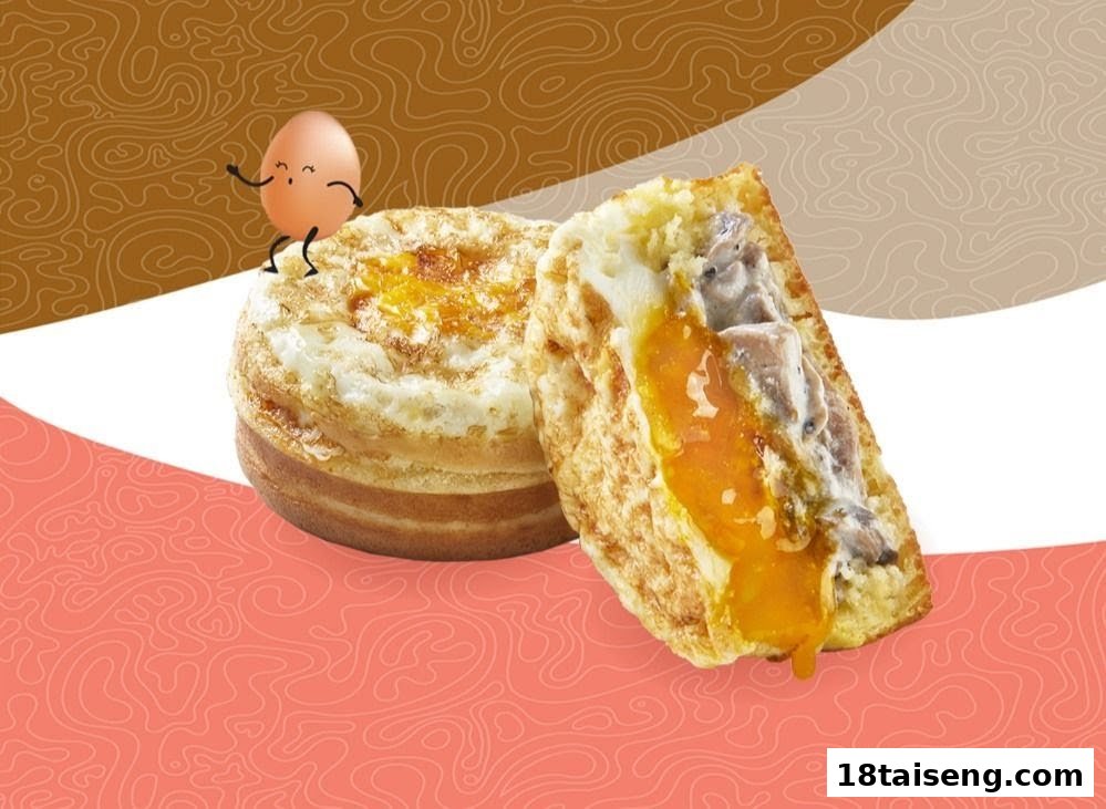 Two egg-based pastries, one cut open revealing a runny yolk and savory filling, with a cartoon egg character.