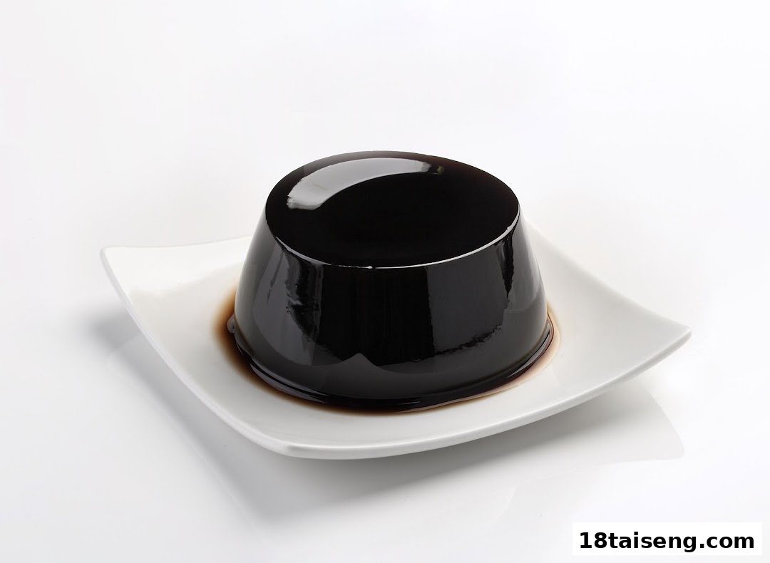 A dark, glossy jelly or pudding dessert on a white square plate.