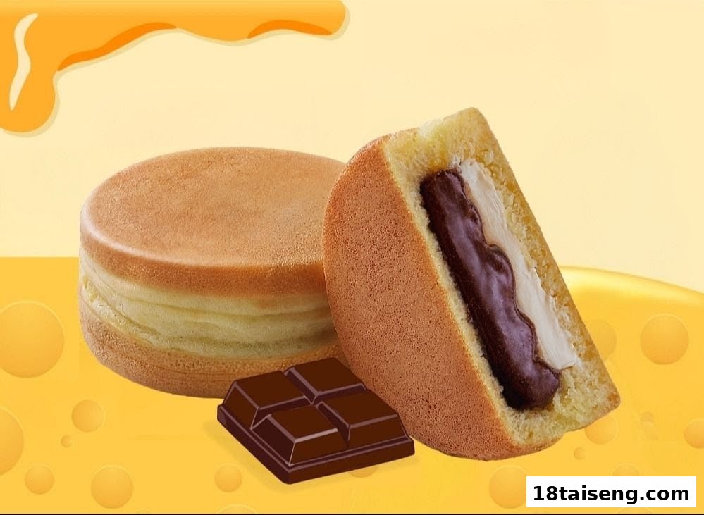A delicious Mr Bean pancake with chocolate and cream filling, alongside a chocolate bar.