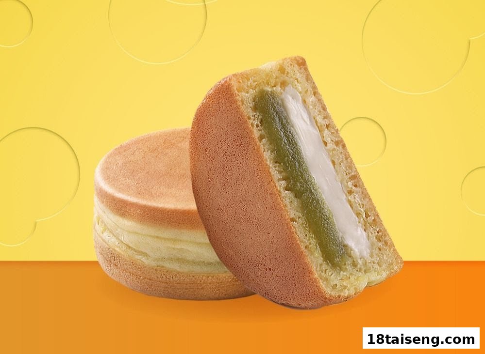 Two delicious Mr Bean pancakes, one cut open to show green and white filling.