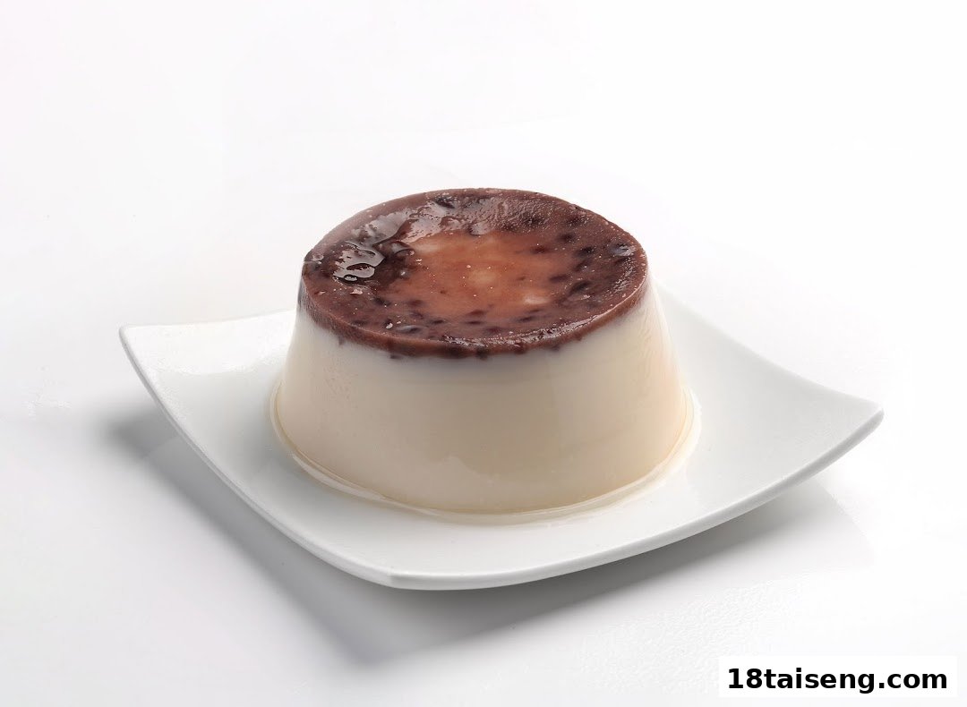 A creamy dessert with a dark, rich topping served on a white plate.