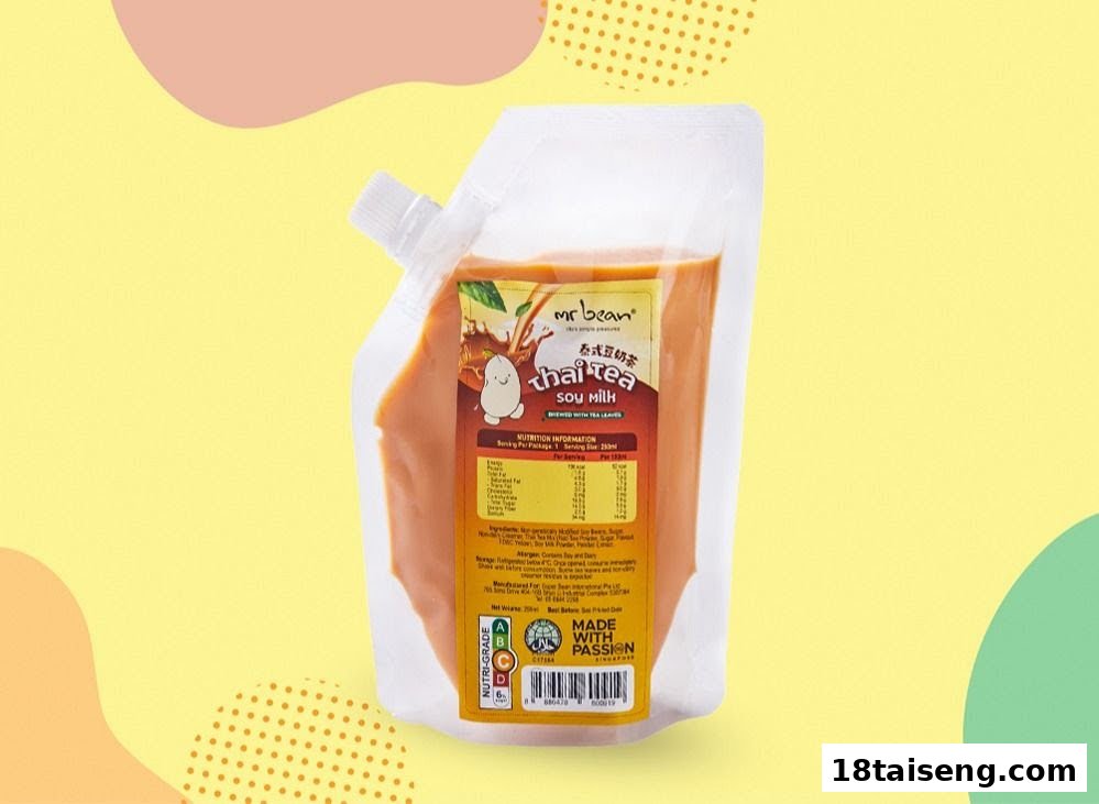A pouch of Mr Bean Thai Tea Soy Milk with nutritional information on a colorful background.
