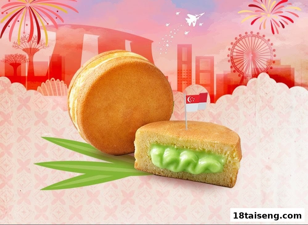 Two pancakes, one cut open revealing green filling, with a Singapore flag against a city skyline.