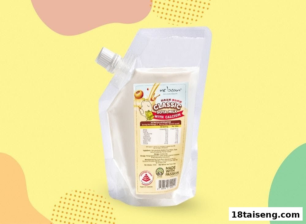 A pouch of Mr Bean Classic Soya Milk with Calcium on a colorful background.
