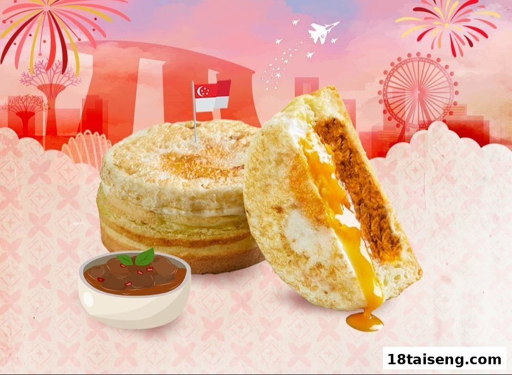 Two golden pancakes/fritters, one with a runny yolk, against a Singapore skyline backdrop.