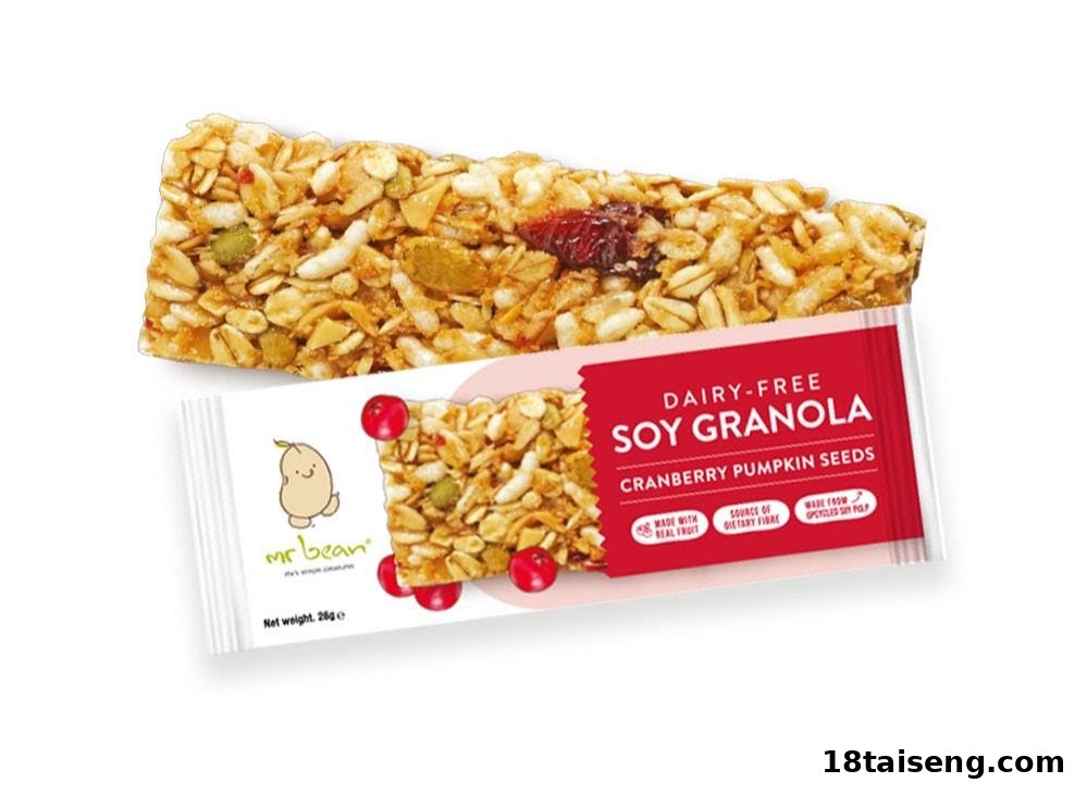 A Mr Bean Dairy-Free Soy Granola bar with cranberries and pumpkin seeds.