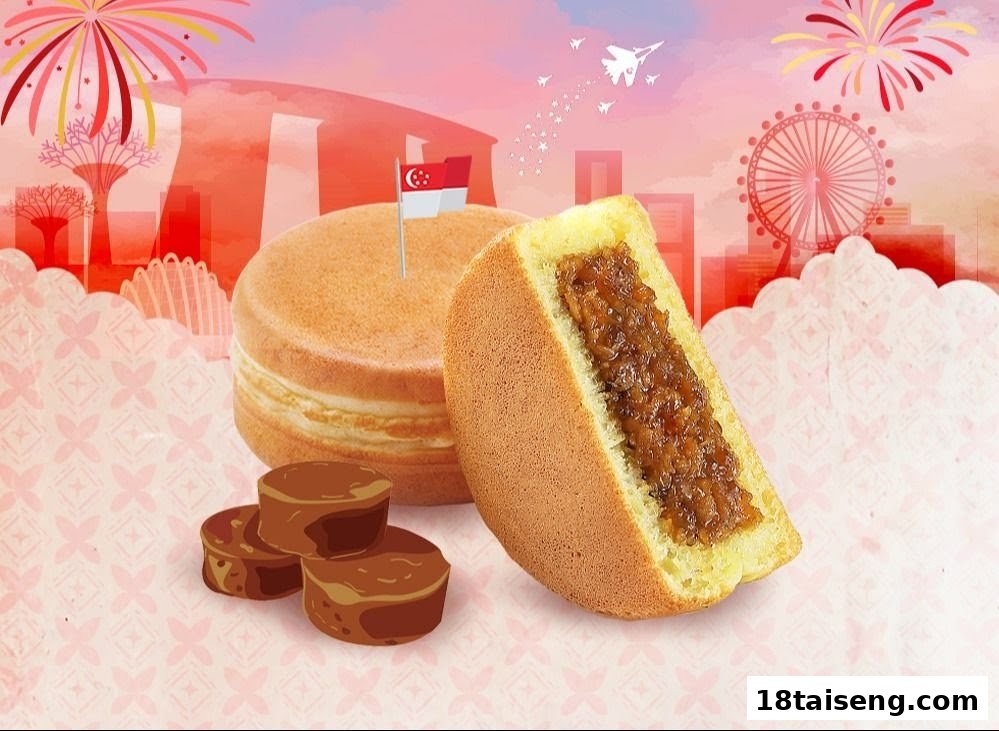 A delicious Mr Bean pancake, one cut open revealing a sweet filling, set against a Singapore skyline.