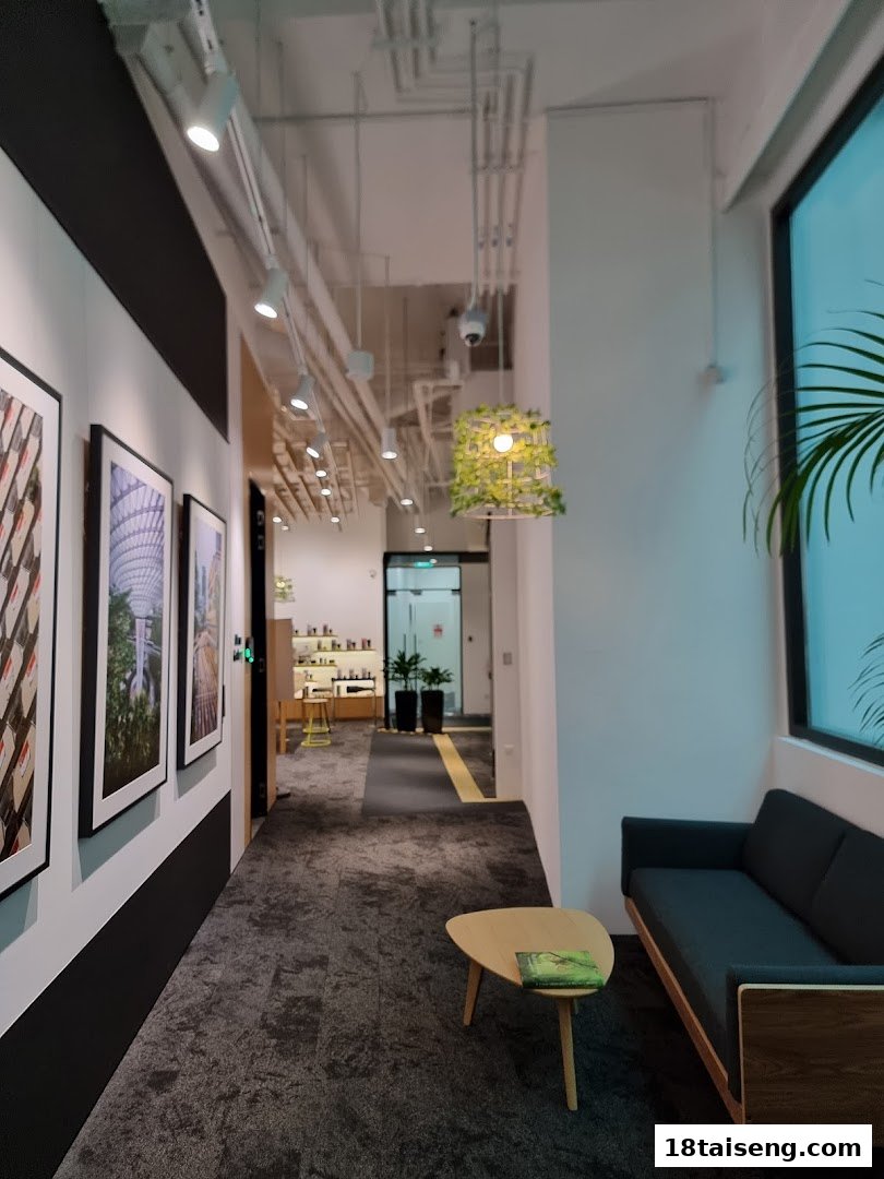 A modern interior hallway featuring framed artwork, comfortable seating, and a view into a well-lit showroom.
