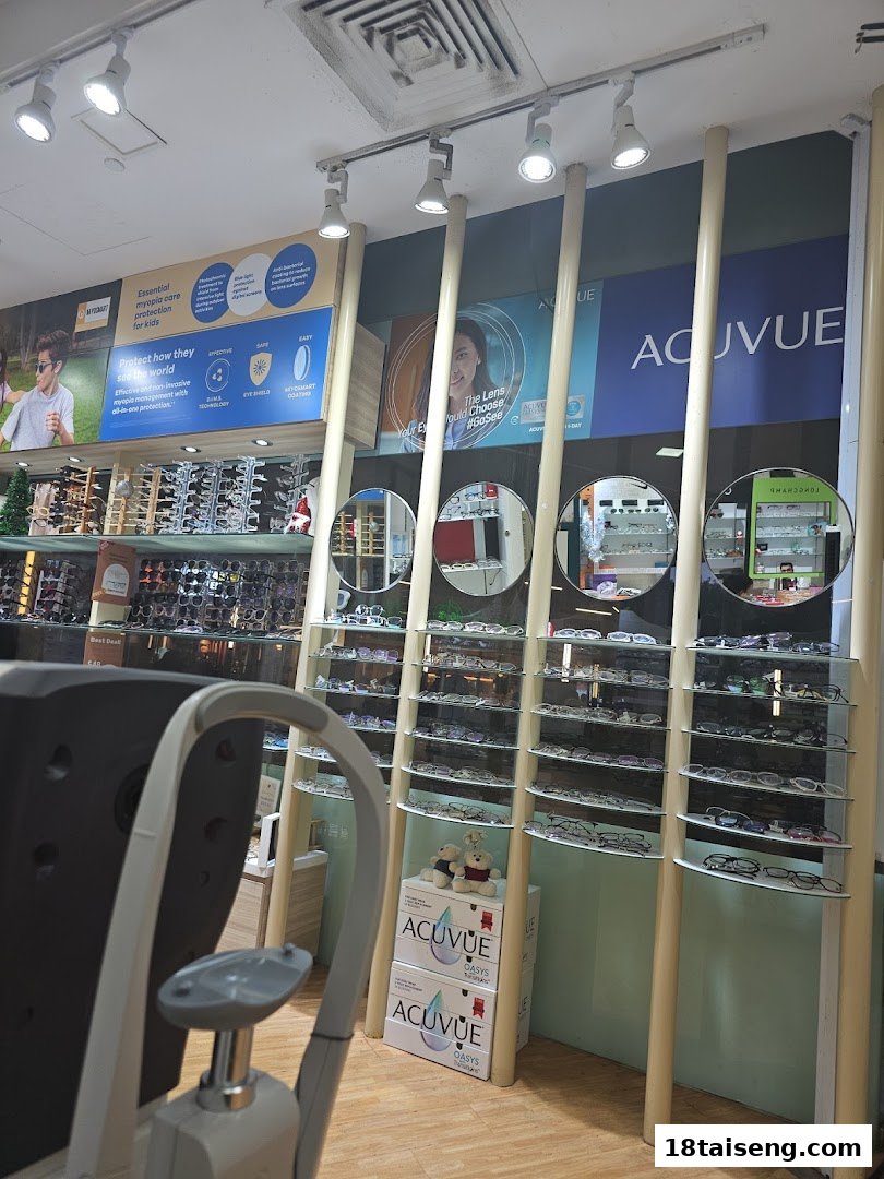 Interior view of an optical shop featuring eyeglasses displays, eye care posters, and examination equipment.