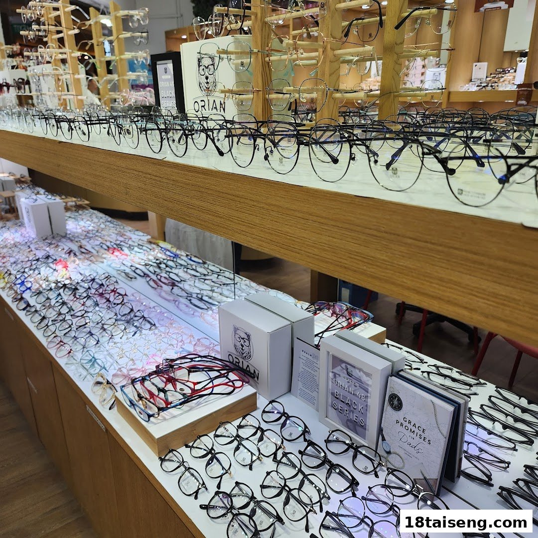 Interior of Orian optical shop showcasing numerous eyeglasses on display shelves.