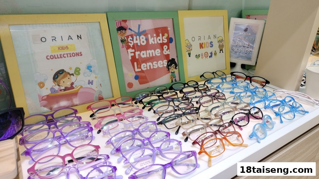 A vibrant display of colorful kids' eyeglasses and promotional signs at ORIAN.