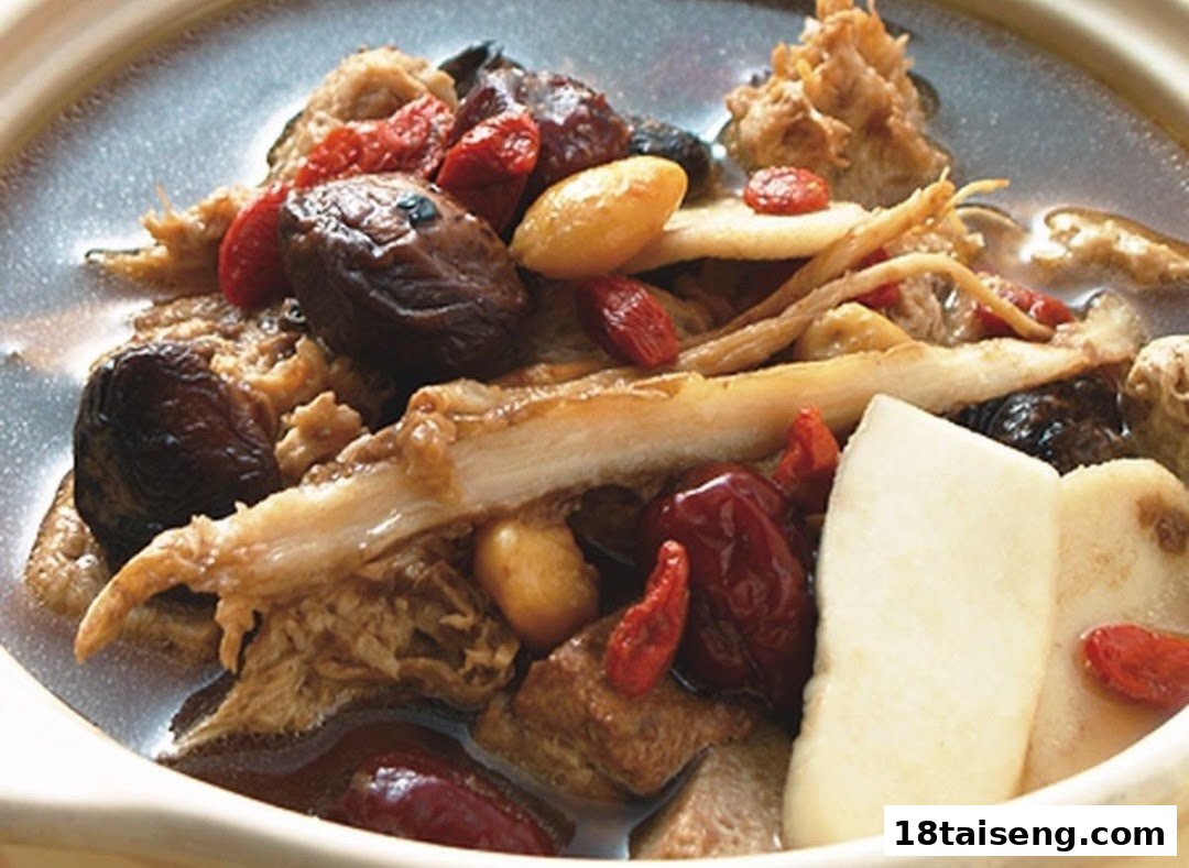 A close-up of a hearty vegetarian herbal soup or stew with various ingredients.