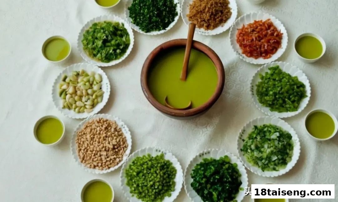 A vibrant green soup in a clay pot surrounded by various chopped ingredients and small cups of green liquid.