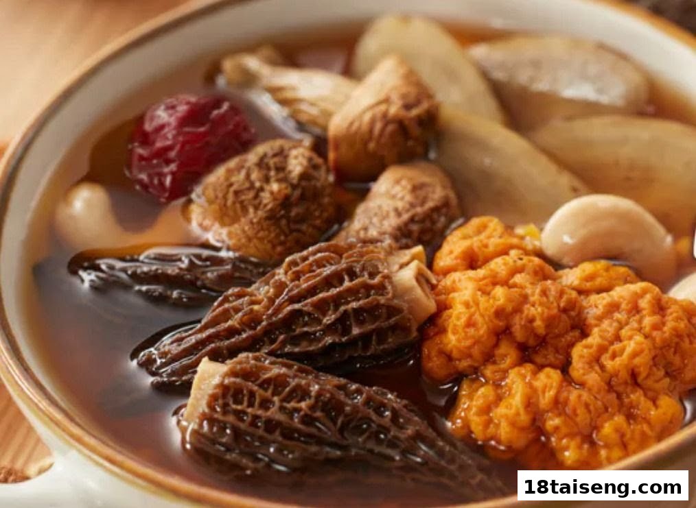 A close-up of a hearty vegetarian soup with various mushrooms, dates, and other natural ingredients.