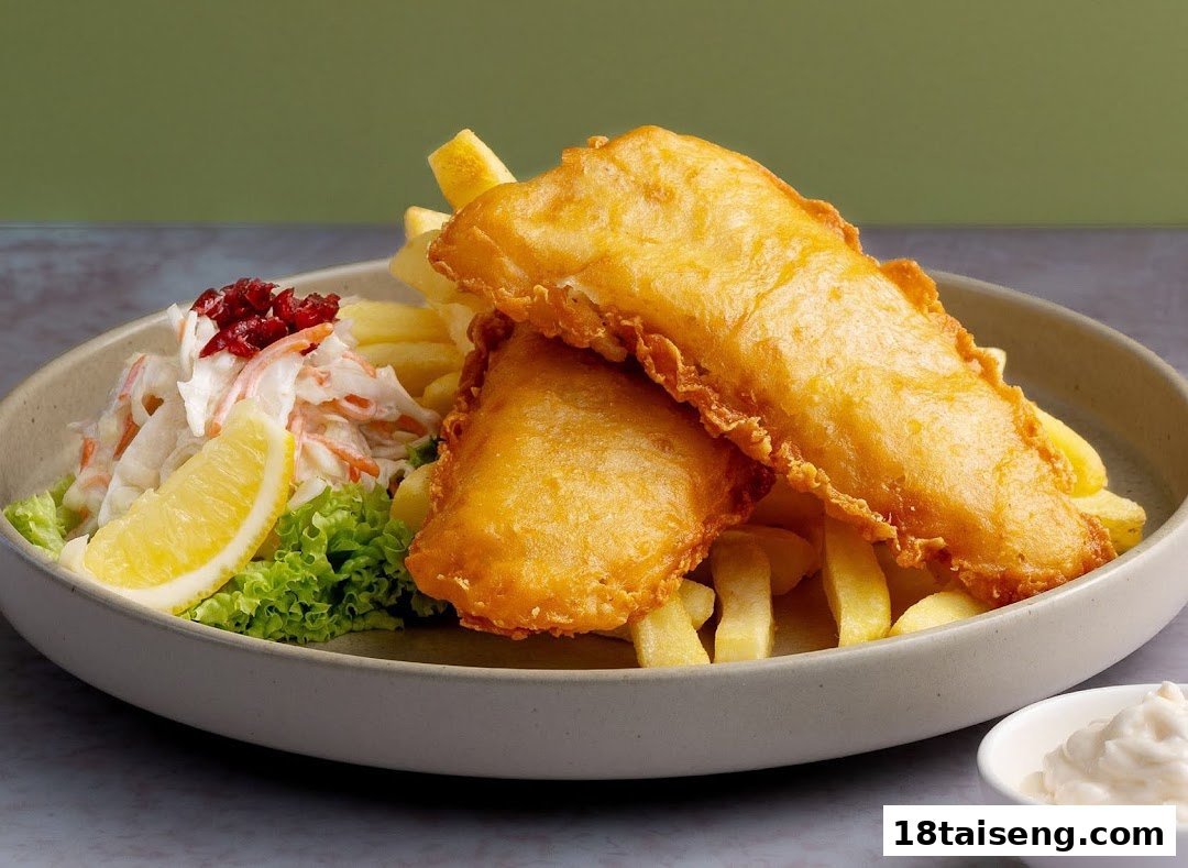 A plate of golden-brown fish and chips with coleslaw, a lemon wedge, and a side of tartar sauce.
