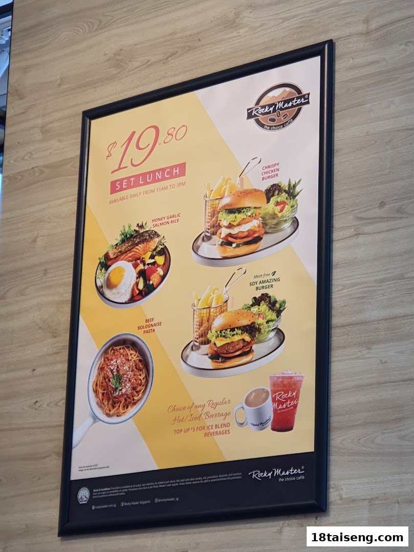 A promotional poster for Rocky Master's Set Lunch, featuring various main dishes and beverage options.