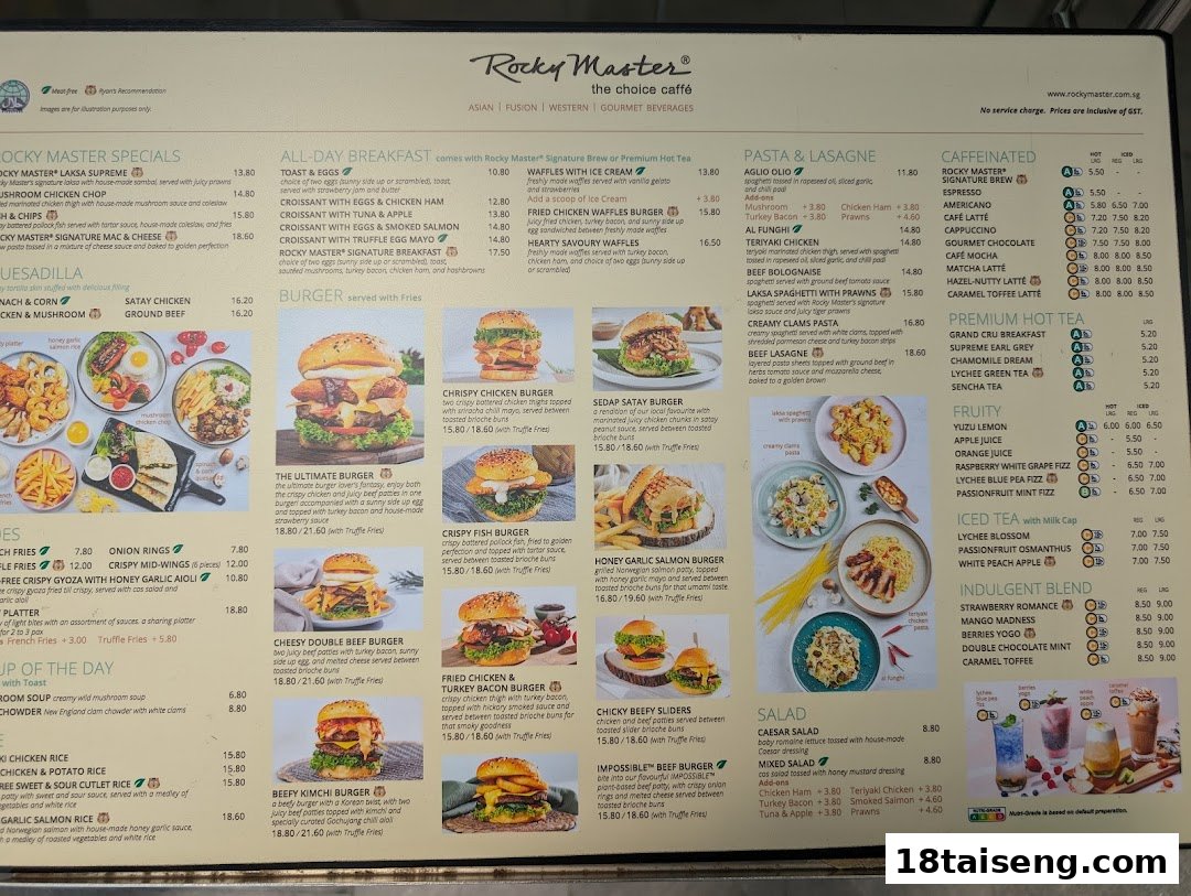 A comprehensive menu board for Rocky Master, showcasing a wide range of Asian, Fusion, and Western dishes.