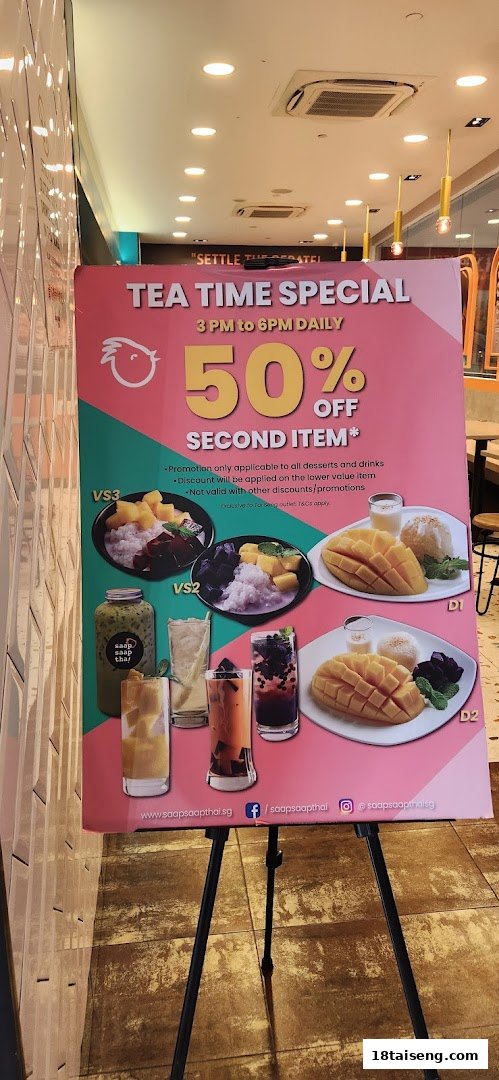 A vibrant promotional board for Saap Saap Thai's Tea Time Special, featuring desserts and drinks.