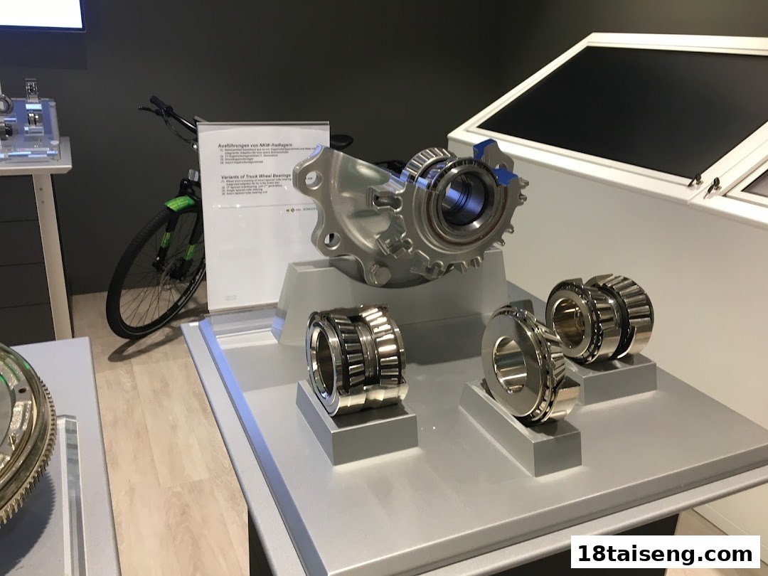 A display showcasing industrial bearings, a wheel hub assembly, and a bicycle, highlighting mobility solutions.