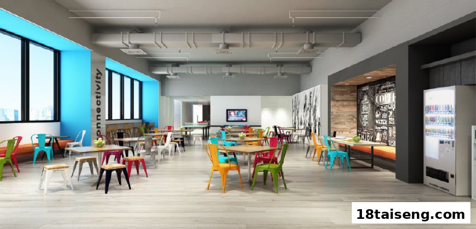 A vibrant, modern cafe or breakroom with colorful seating and a 'connectivity' theme.