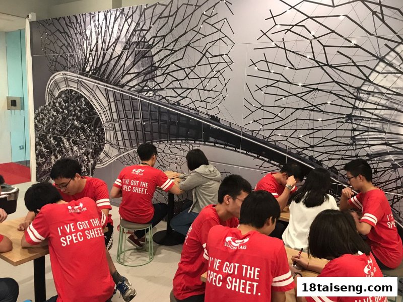 People in Silicon Labs shirts collaborate at tables with a large mural background.