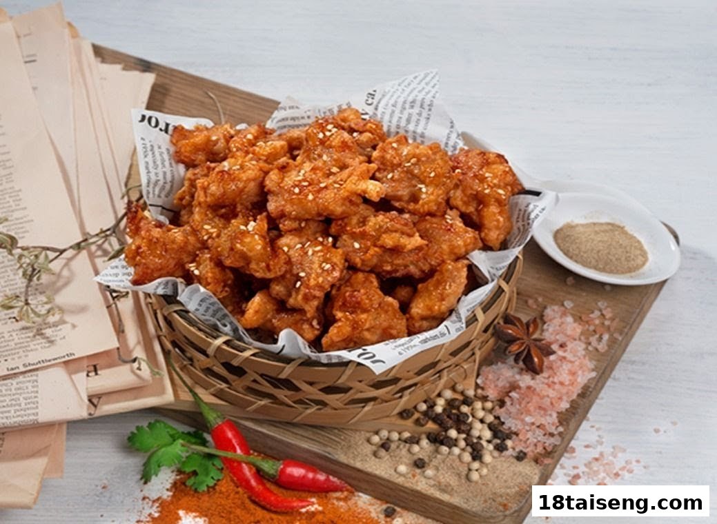 A basket of crispy Taiwanese fried chicken pieces, garnished with sesame seeds and surrounded by spices.