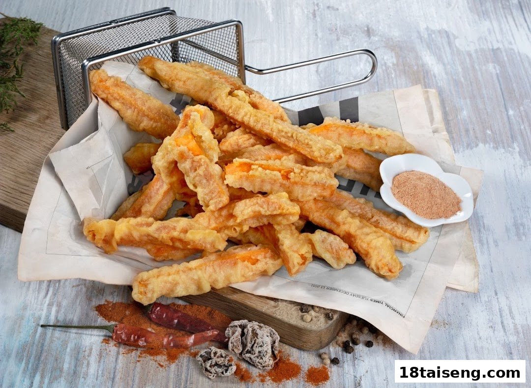 A basket of golden-fried sweet potato fries served with seasoning powder on a rustic wooden surface.