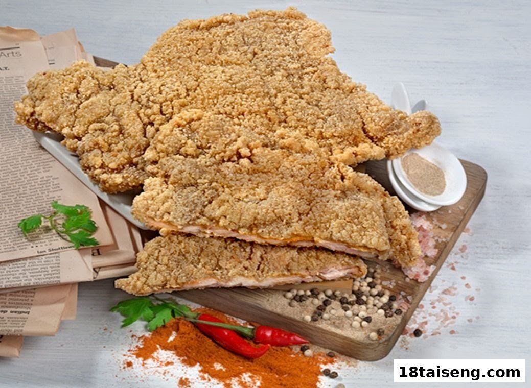 Golden crispy fried chicken cutlets served with spices and fresh herbs on a rustic wooden board.