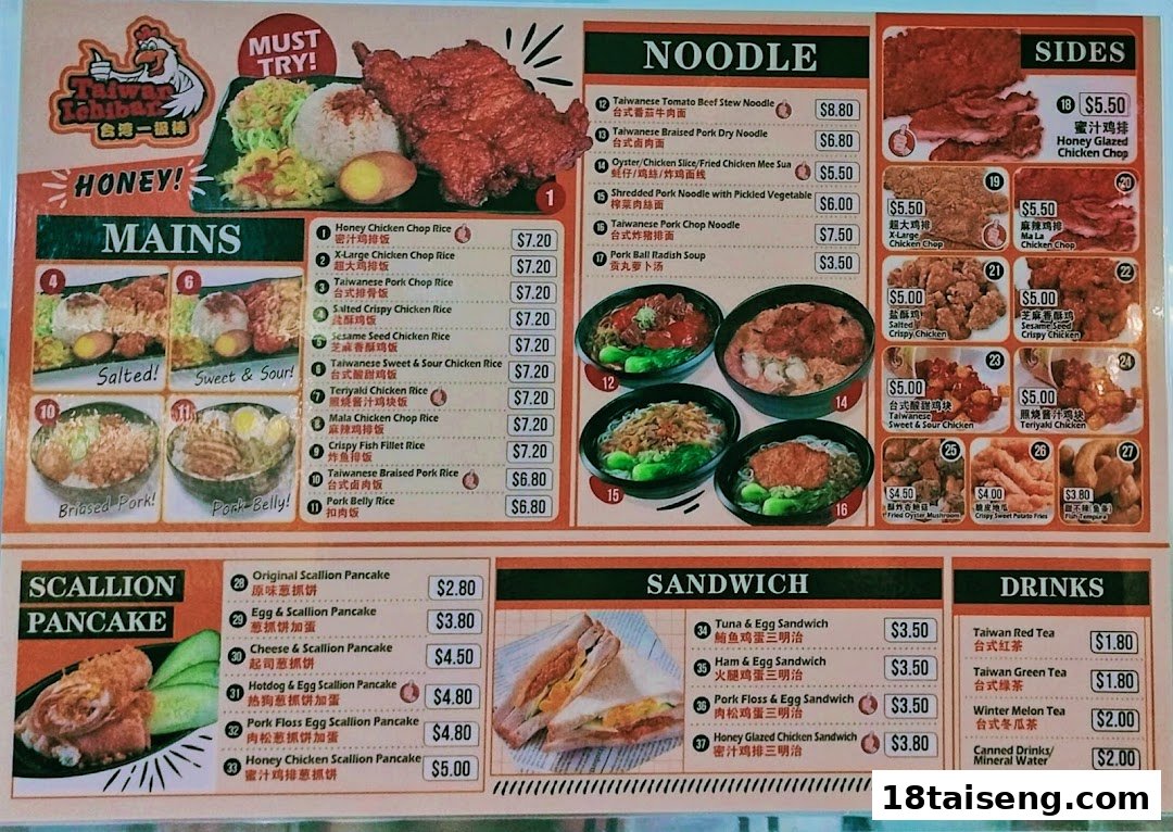 A detailed menu board for Taiwan Ichiban, showcasing various Taiwanese dishes and their prices.