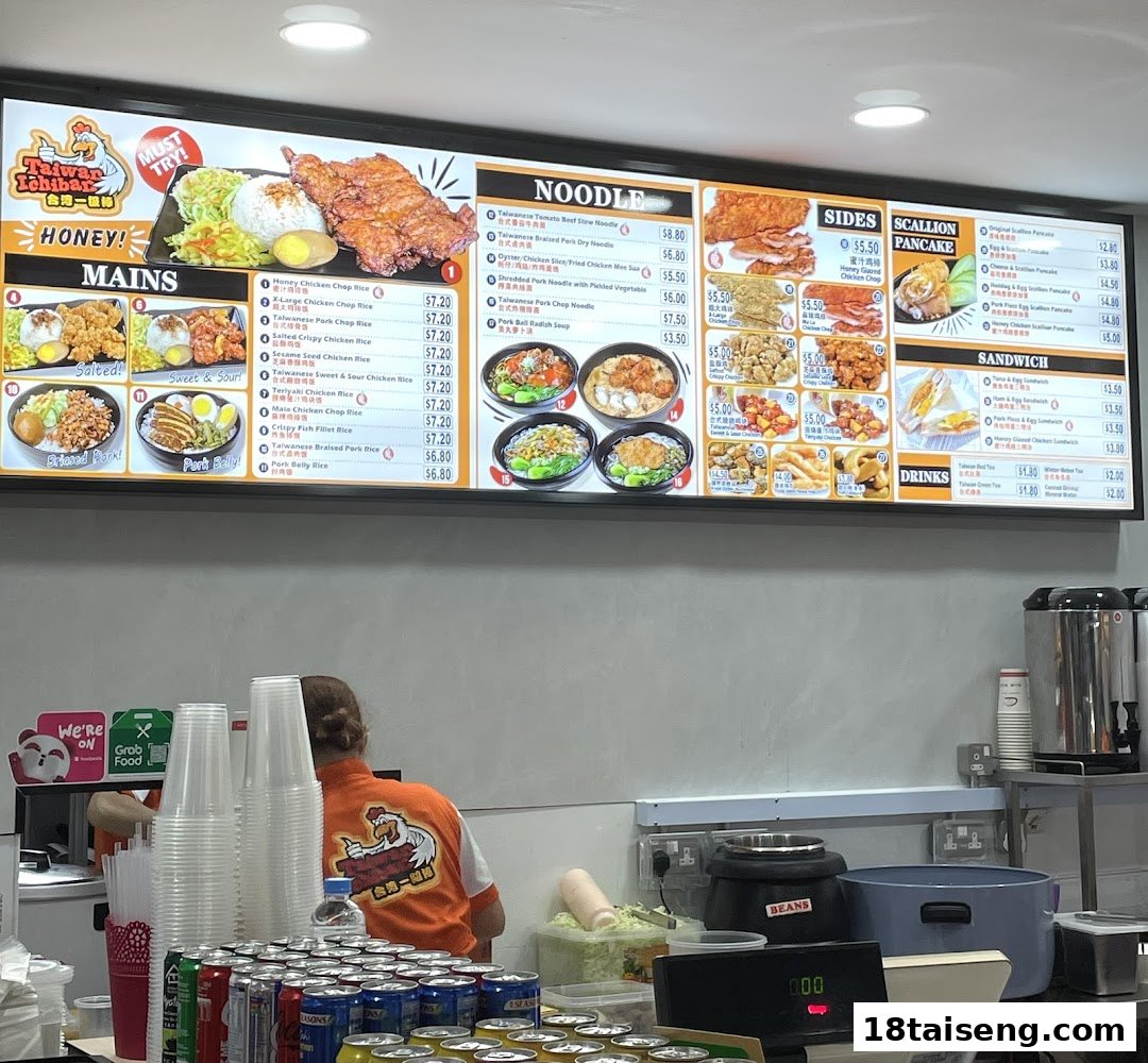 A comprehensive menu board for Taiwan Ichiban, showcasing a variety of Taiwanese mains, noodles, sides, and drinks.