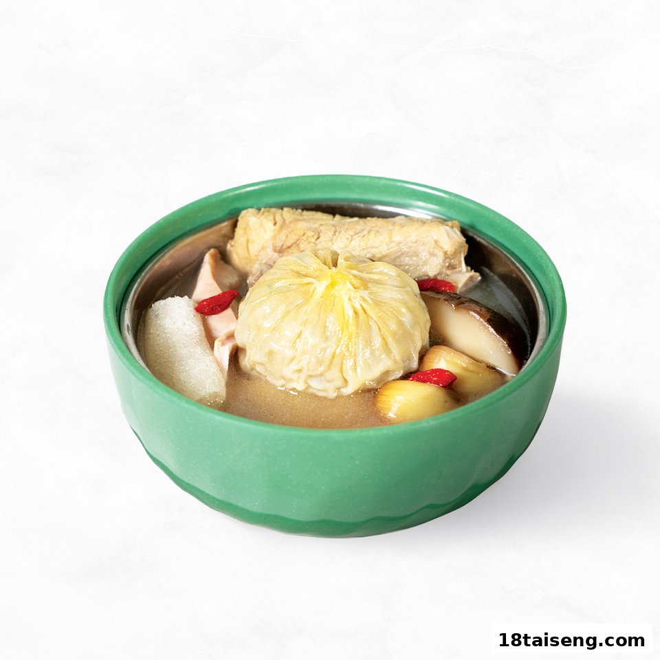 A hearty soup with a large dumpling, mushrooms, and goji berries in a green bowl.
