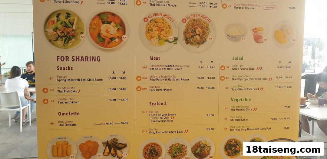 A vibrant menu board showcasing a variety of authentic Thai dishes with photos and prices.