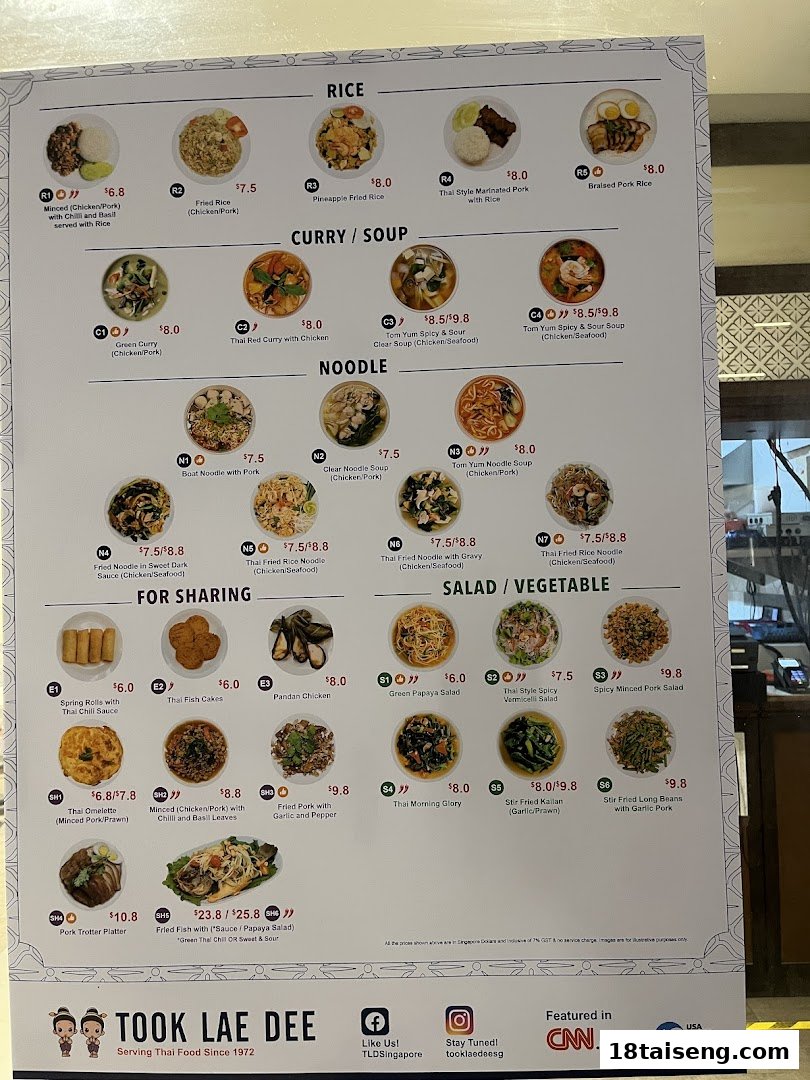 A detailed menu board for Took Lae Dee restaurant, showcasing various Thai dishes with prices and images.