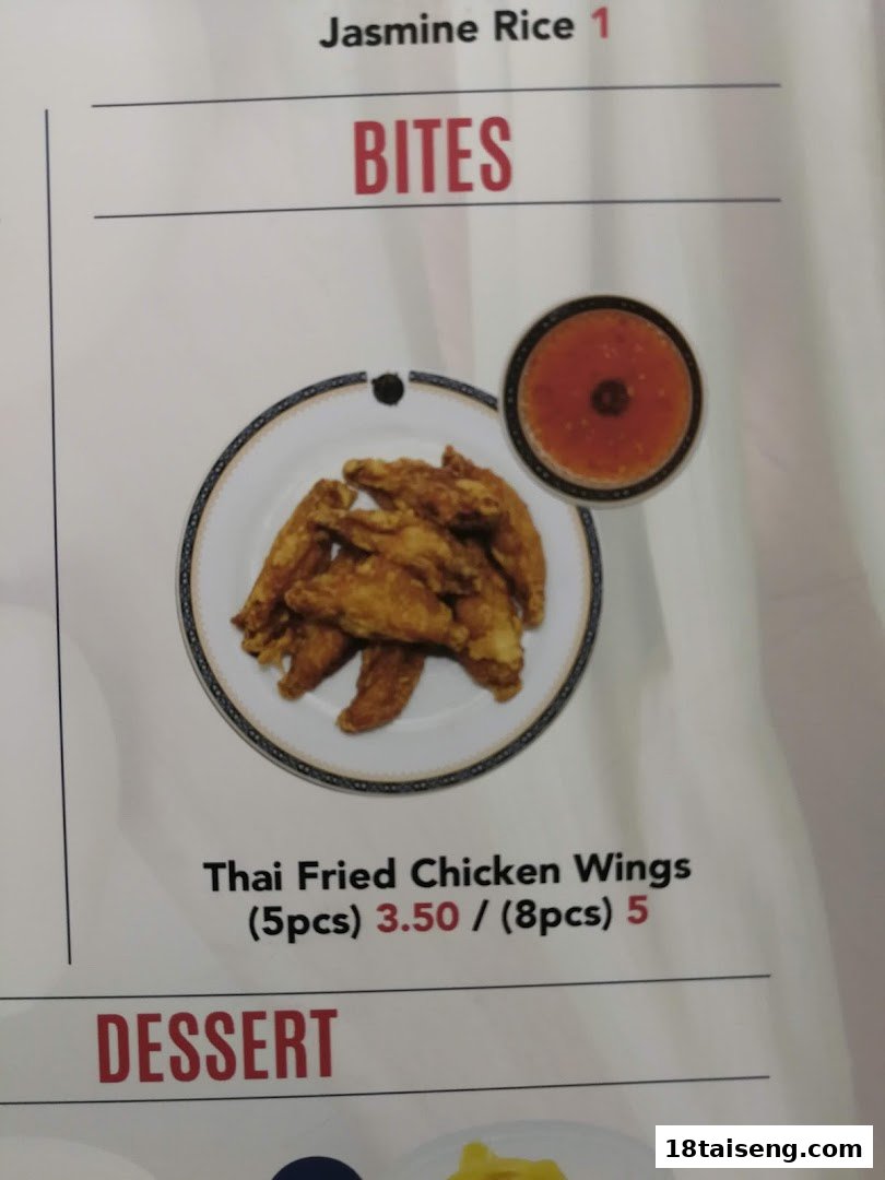 A menu page displaying Thai Fried Chicken Wings, Jasmine Rice, and category headers.