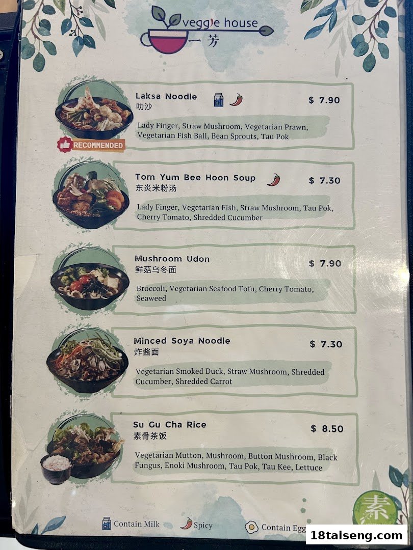 A vibrant menu from Veggie House showcasing a variety of vegetarian noodle and rice dishes.