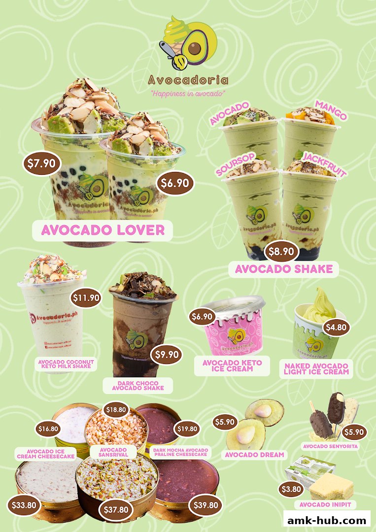 A vibrant menu showcasing various avocado-based drinks and desserts from Avocadoria.