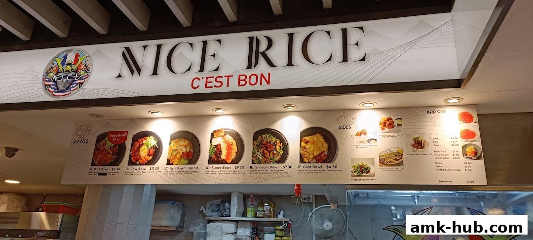A menu board for 'Nice Rice C'est Bon' featuring various bowls and sides.