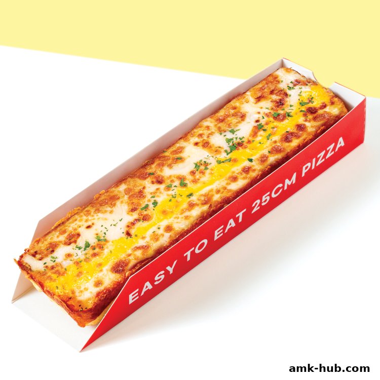 A long, rectangular pizza with melted cheese and parsley in a red box.