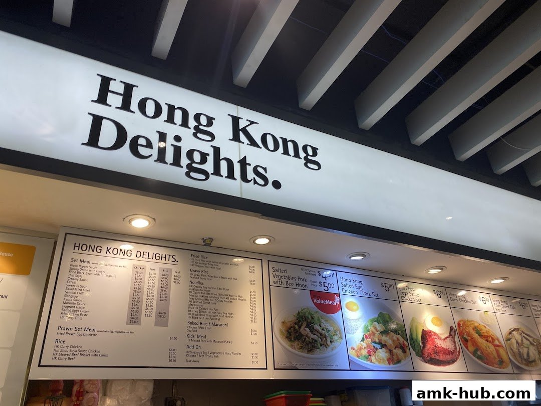 A menu board for Hong Kong Delights featuring various set meals, rice dishes, and noodle options.