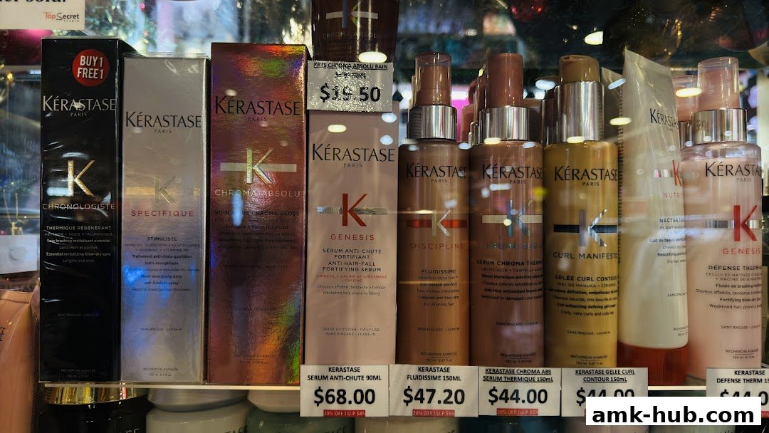A display of various Kérastase hair care products with price tags and promotional information.