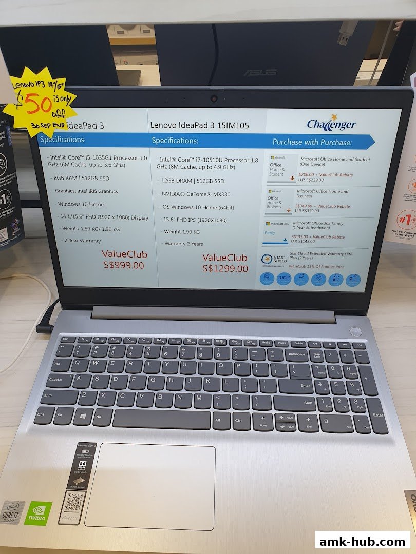 A close-up view of a Lenovo laptop display showcasing specifications and pricing at Challenger.